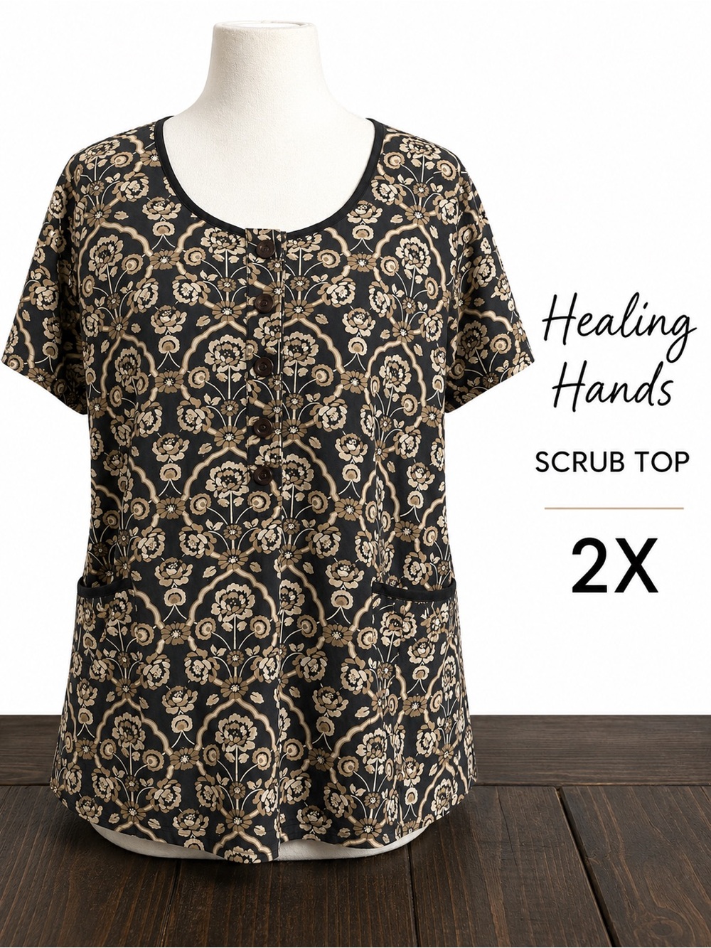 Healing Hands 2X Navy Floral Scrub Top Button Front Plus Size Pockets